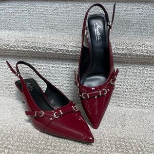 Montini Burgundy Patent Slingback Silver Hardware Buckles Kitten Heels